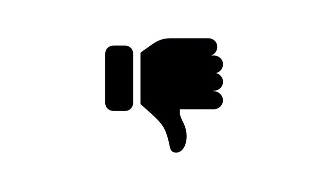 A simple black thumb down icon against a white background, representing disapproval or a negative rating