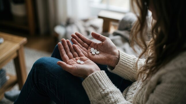 Concept of overdose risk and prevention shown by hands holding several white pills.