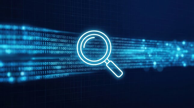 Cybersecurity concept showing a magnifying glass searching through glowing blue data streams for virus detection.