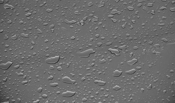 Close-up of rain droplets on a transparent plastic sheet against a cloudy overcast sky. Minimal abstract background with natural water texture and copy space, suitable for weather, rainy season, moist