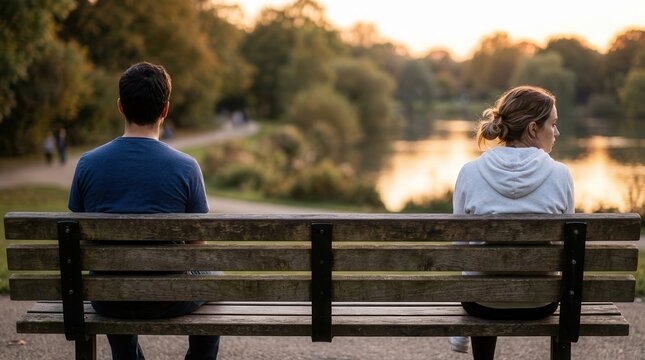 Man and woman sitting far apart on a bench reflecting on a relationship ending