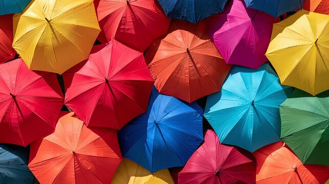 Vibrant and Colorful Umbrella Canopy Display, Brightly Hued Parasols Create an Abstract and Cheerful Background Texture, Perfect for Artistic and Lively Design Projects