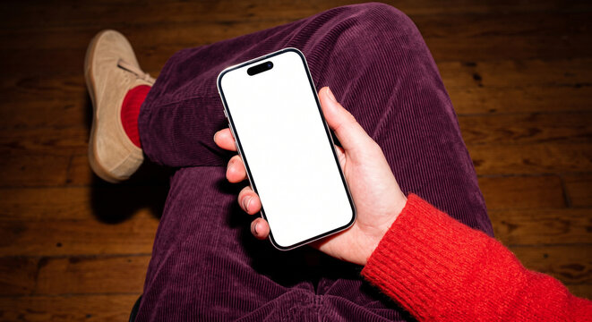 Person Holding Smartphone With Blank Screen Over Crossed Legs Mockup