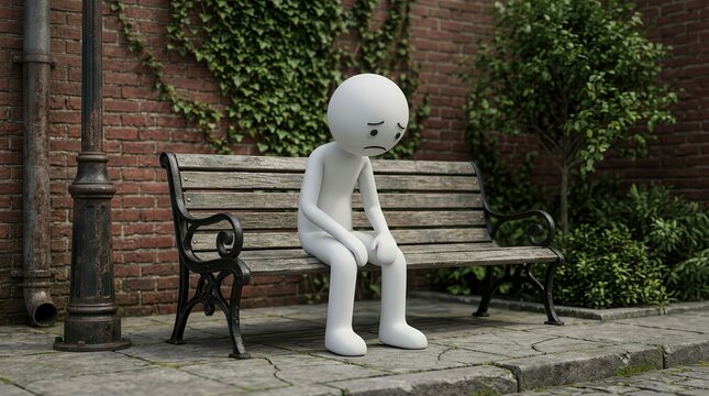 Lonely character sitting on a bench amidst a city park to symbolize emotional isolation.