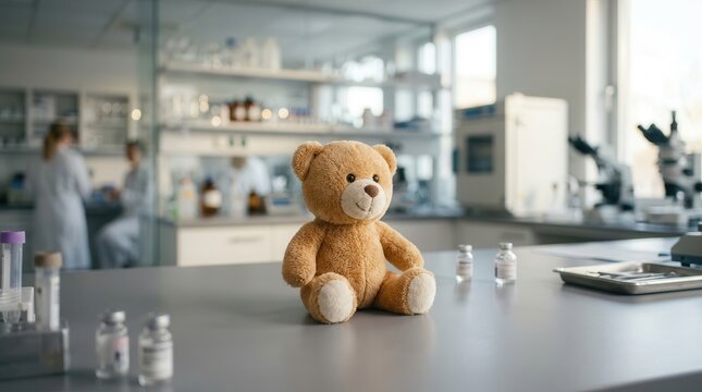 Teddy bear on a counter in a fertility clinic to symbolize IVF and the journey to parenthood.