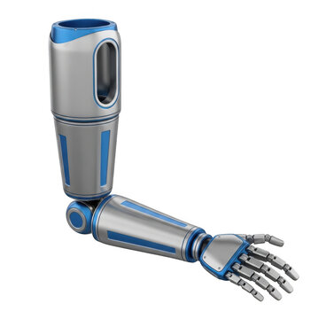 Futuristic mechanical robot arm with blue and silver metal design isolated on transparent background
