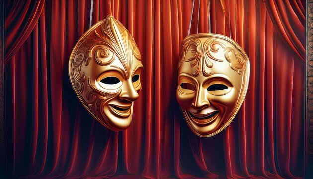 classic comedy and tragedy theater masks hanging on stage curtain ai generative
