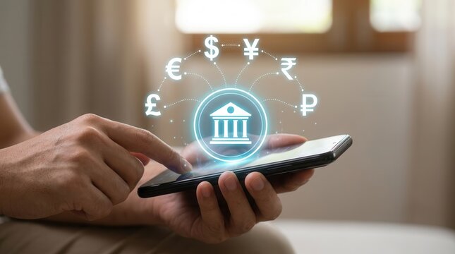 Mobile finance technology showing a bank icon and various global currency symbols.