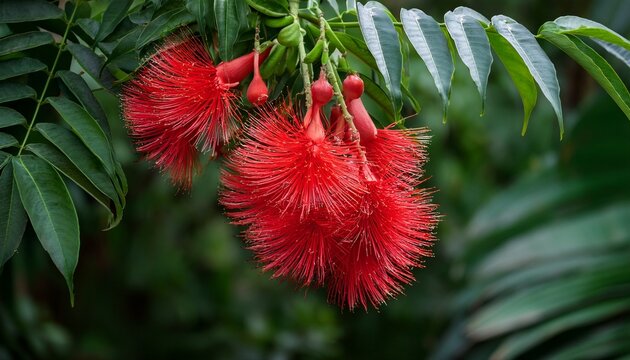 cluster of bright red lapageria flowers hangs elegantly amidst lush green foliage in a garden