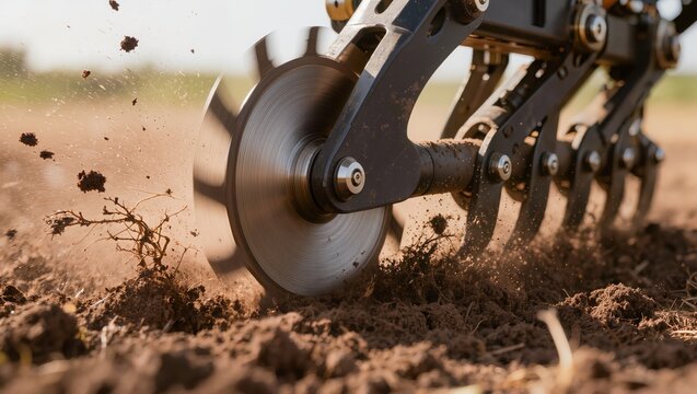 A close-up shot of agricultural machinery working the soil, with rotating metal discs and tines cutting through the earth, spraying dirt and preparing the field for planting