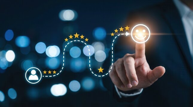 Interactive user experience concept showing a winding customer journey ending in a smiling face icon.