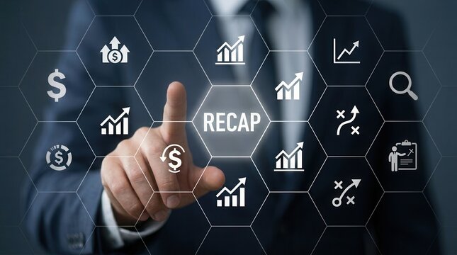 A professional businessman using a digital smart screen to perform a business recap and market overview.