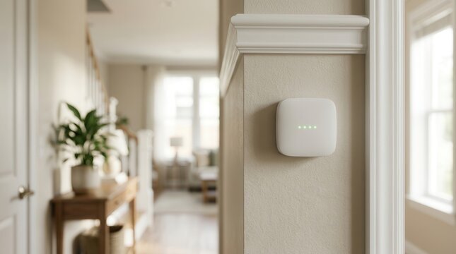 Intrusion detection smart alarm device mounted on a wall in a modern home interior.