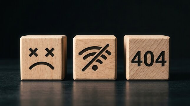 Minimalist 404 error and lack of internet connectivity concept with wooden cubes.