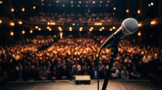 Public speaking event featuring a microphone spotlighted before a large audience in a theater.