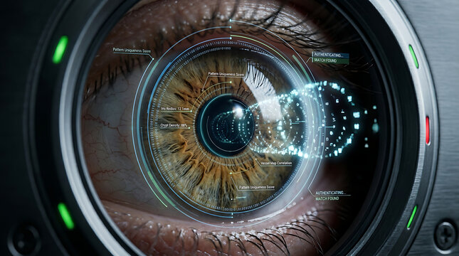 Macro Eye Human Iris Scan &ndash; Biometric Security Retina Scanning Interface with Data HUD