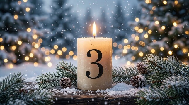 Symbolic third advent week candle with number three on snow and rustic wood background.