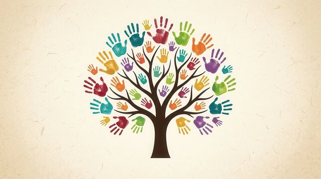 Social responsibility and giving concept featuring a tree with many colorful hands.