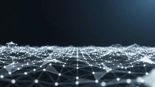 Abstract 3D digital wireframe terrain mesh wave moving with glowing white nodes connectivity lines data visualization dark blue background futuristic technology motion graphics presentation template