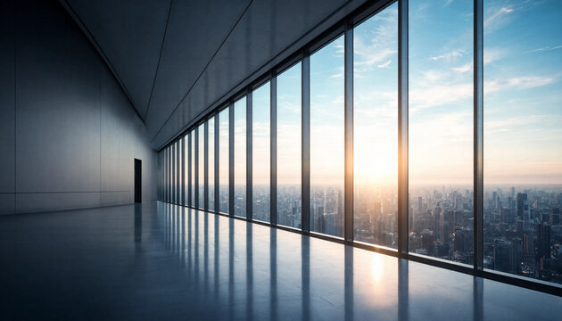Sunlight streaming into an empty modern office corridor with large and city view building architecture corridor business sunlight interior corporate commercial workplace panoramic
