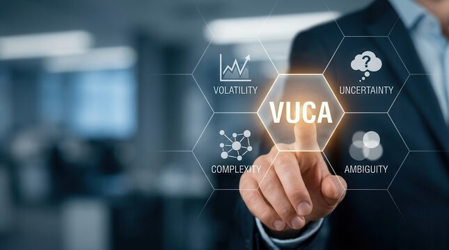 Business professional interacting with VUCA icons to navigate volatility, uncertainty, complexity, and ambiguity in strategic management.