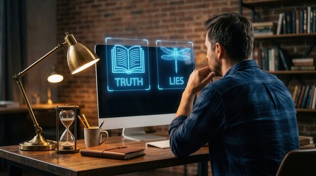 Digital icons of truth and lies floating before a person at a computer for media literacy symbolism.