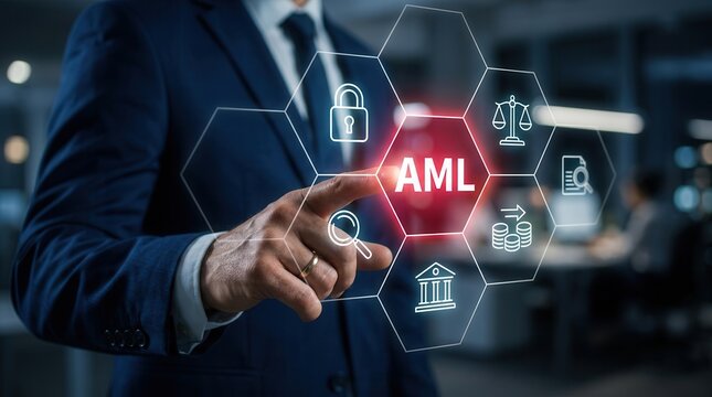 Digital concept of AML compliance using regulatory data to prevent money laundering.