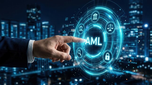 Digital interface showing AML compliance, regulatory web data, and anti money laundering tools.