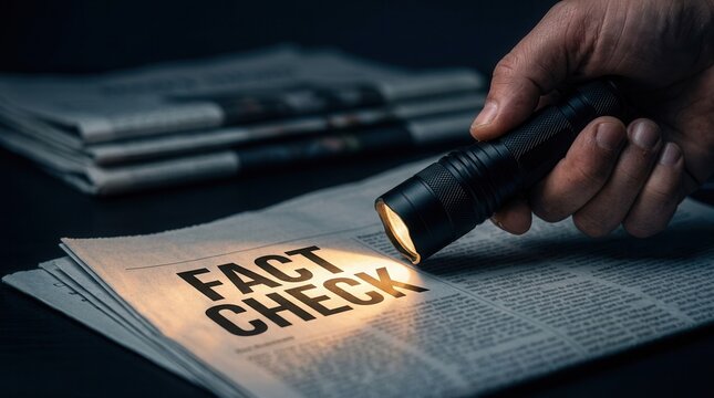 A hand holding a flashlight to reveal fact check text on a printed newspaper in the dark.