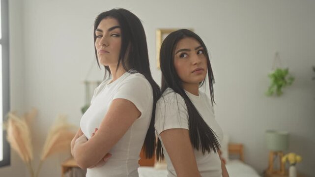 Woman standing back to back with sister, arms crossed beside bed in building; tension distance estrangement.