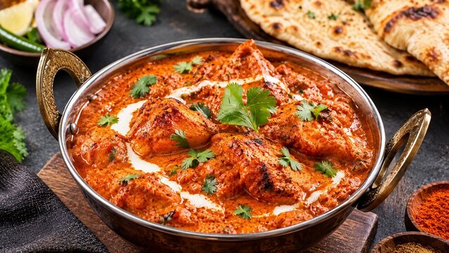 Delicious Indian butter chicken curry in a traditional metal bowl served with naan bread, sliced onions, and spices.