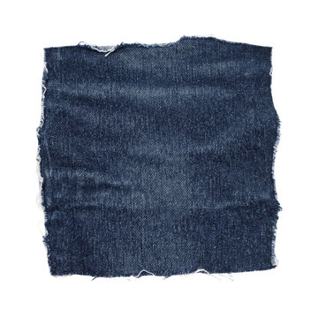 Square denim fabric patch with frayed edges on transparent background