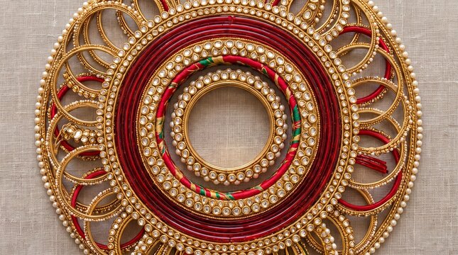 Traditional South Asian wedding bangles on bride's hands. Ornate gold and red bridal jewelry with intricate patterns for ceremonies.