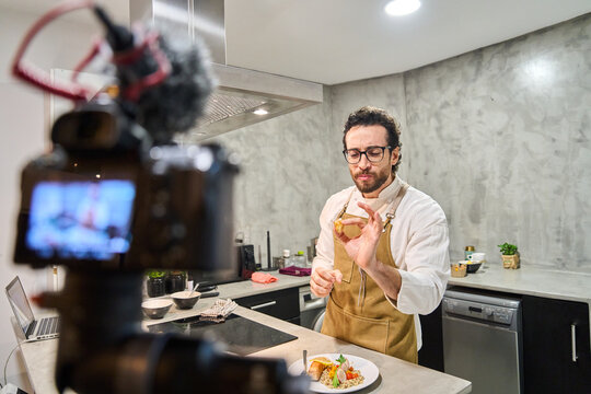Chef creating cooking video for social media content