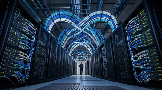 Modern Data Center Server Corridor &ndash; Futuristic Arching Overhead Cable Network with Technician