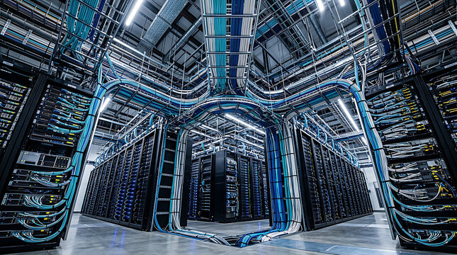 High Tech Data Center Overhead Cable Infrastructure &ndash; Symmetrical Server Room Fiber Wiring