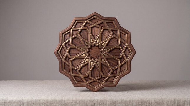 Intricate Islamic geometric pattern sculpture on display. Handcrafted wooden star ornament showcasing traditional Middle Eastern artistry.