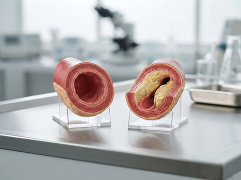 Medical model showing healthy artery versus artery with plaque buildup in a laboratory setting.