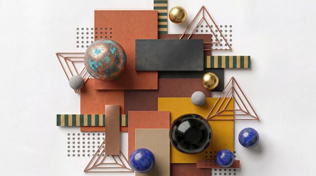 Textured terracotta and ochre abstract composition with metallic elements. GENERATED BY AI.