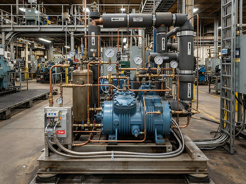 Industrial air compressor unit installed inside a large manufacturing factory facility.