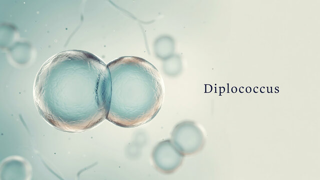 Microscopic view of Diplococcus bacteria cells under magnification showing paired spherical shapes