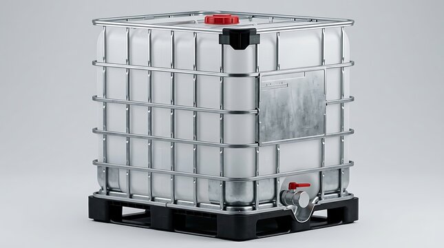Industrial plastic water tank on a black pallet. ibc container