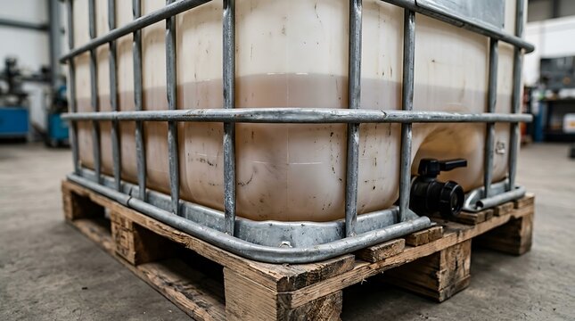 Large plastic water tank on a wooden pallet in a warehouse. ibc container