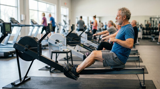 Senior man exercising on rowing machine in gym