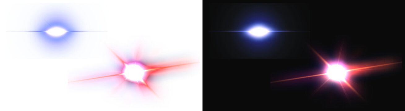 PNG image of Radiant blue and glowing orange lens flares featuring sharp cinematic light streaks and sparkling starburst effects captured on transparent background.