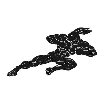Black silhouette of a muscular anthropomorphic rabbit in a dynamic running pose, showcasing strength and speed.
