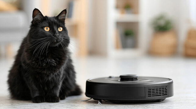A cute black cat sitting close to a black robot cleaner in the living room.