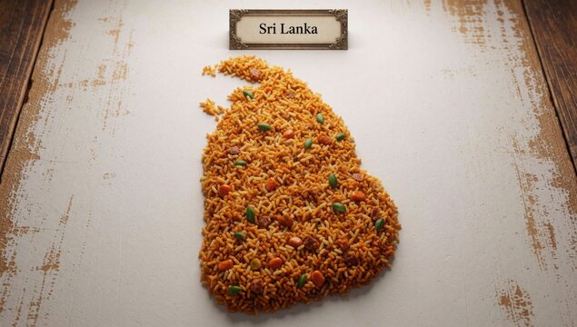 Pile sri lankan rice white wooden surface mix orange yellow colors small green seeds scattered throughout appe