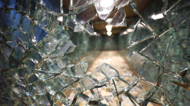 Broken glass shards creating a fractured view of an indoor space with soft lighting and a blurred background, emphasizing the texture and reflections of the glass