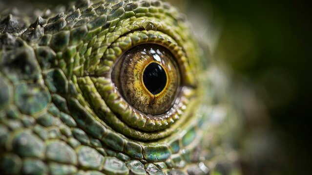 macro shot of an iguana&rsquo;s yellow eye
